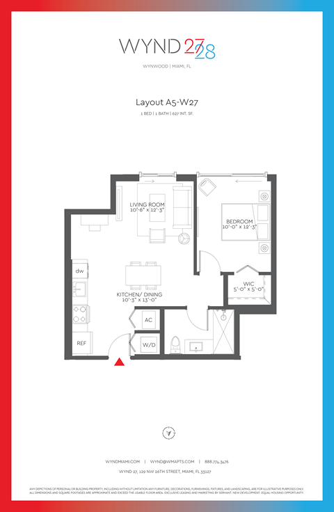 Floor plan for 1 bed, 1 bath, 627 sqft